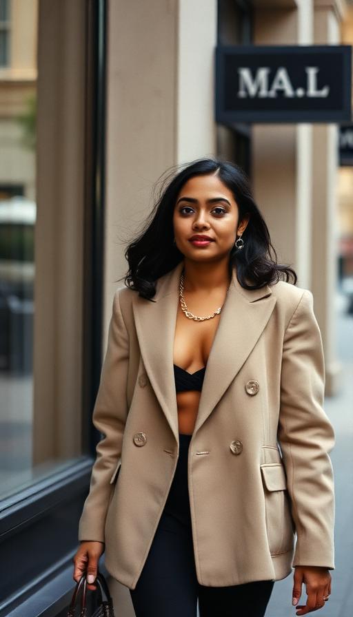 Creator in an oversized blazer walking a city street