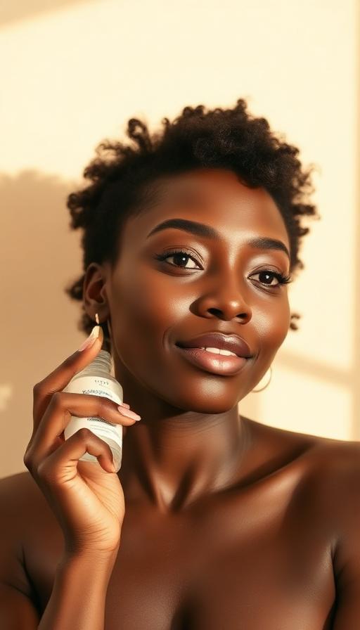Beauty creator holding a skincare bottle in soft daylight