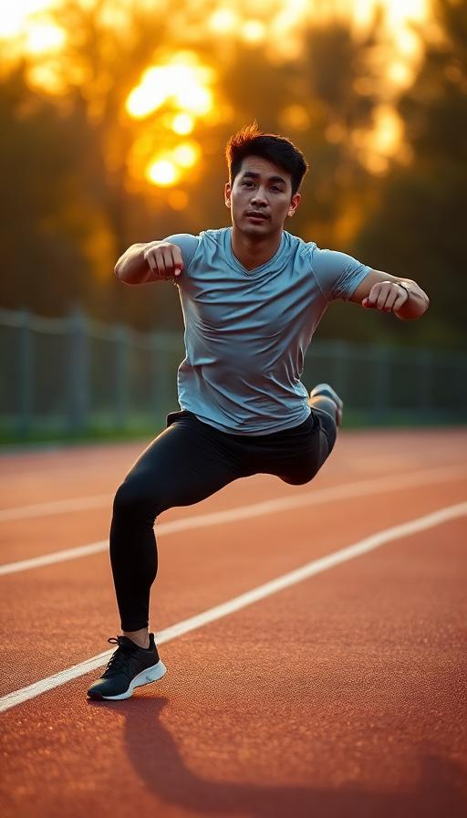 Runner stretching on an outdoor track at golden hour