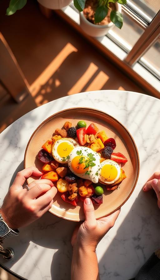 Hands plating a colourful brunch dish in a sunlit cafe