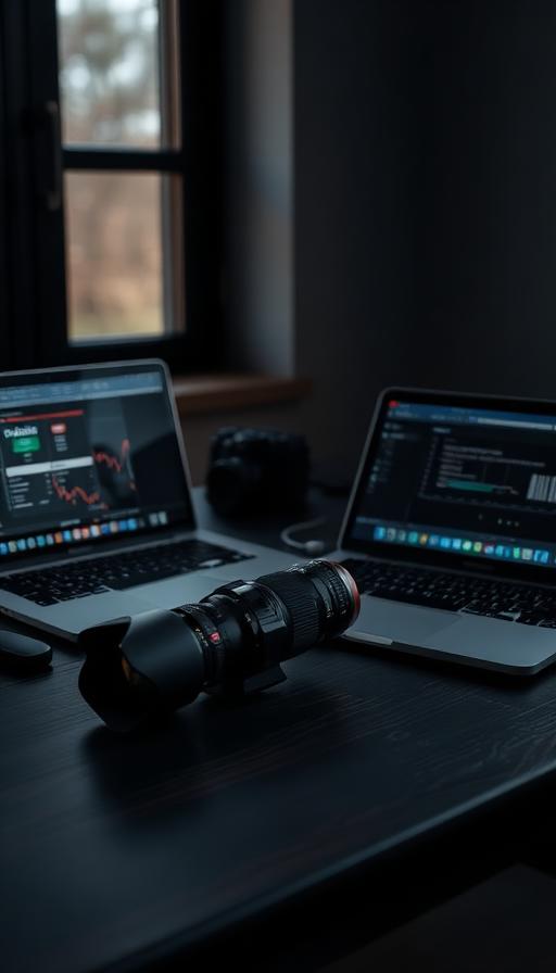 Creator desk with camera, lens and laptops in low light