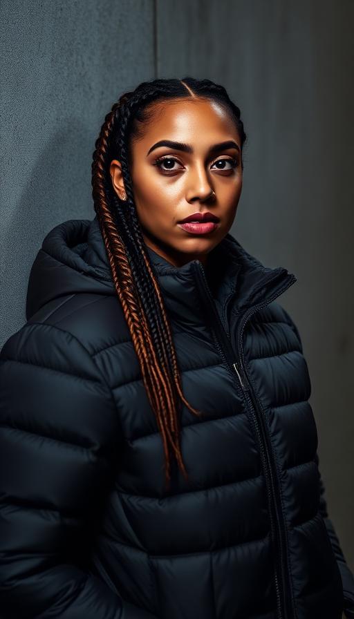 Creator in a puffer jacket photographed with night flash