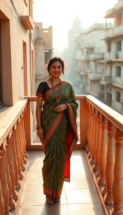 Creator in contemporary Indian dress on a city balcony