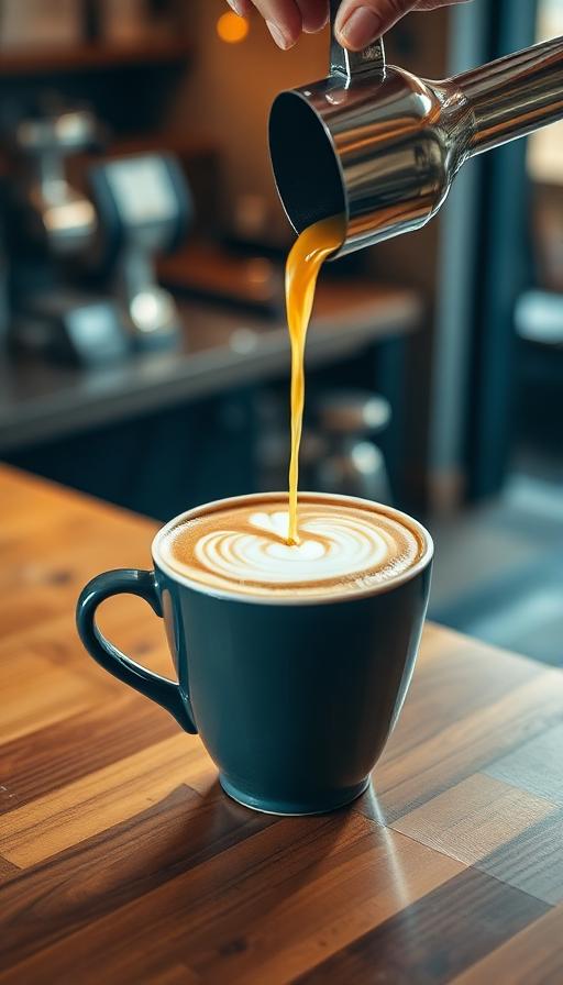 Latte art poured into a ceramic cup on a cafe counter