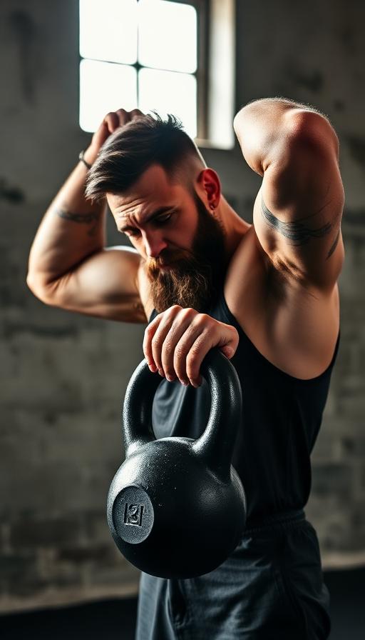 Creator lifting a kettlebell in a concrete gym