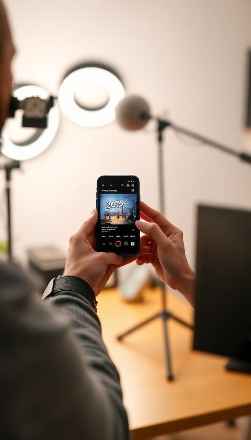 Creator filming a smartphone review at a home studio desk