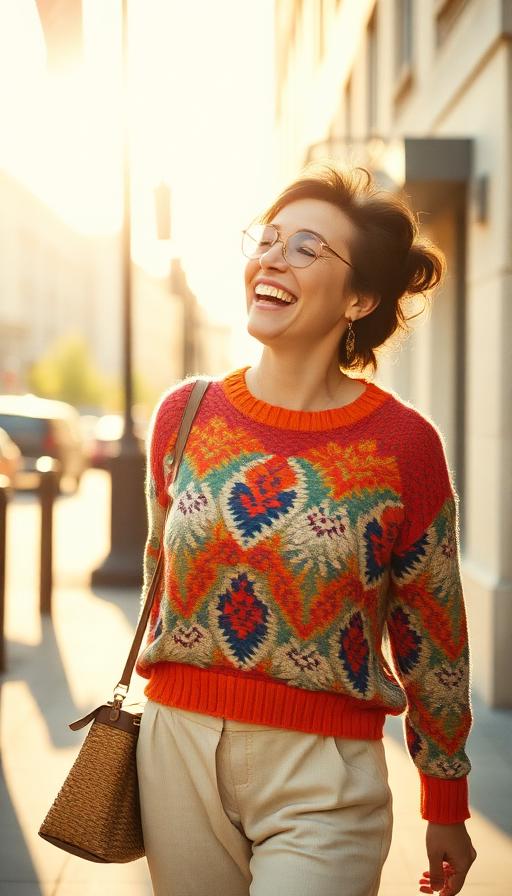 Creator laughing in a colourful knit set on a sunlit sidewalk