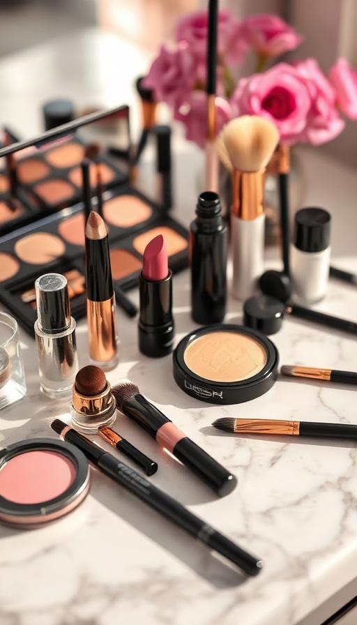 Makeup products and brushes arranged on a marble vanity